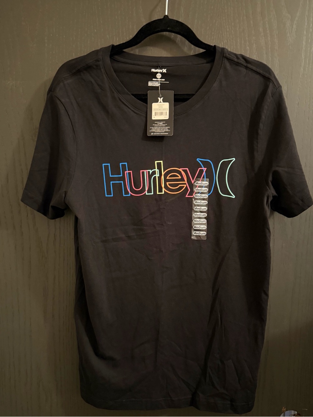 Hurley Black Short Sleeve Tee with Rainbow Outline Logo